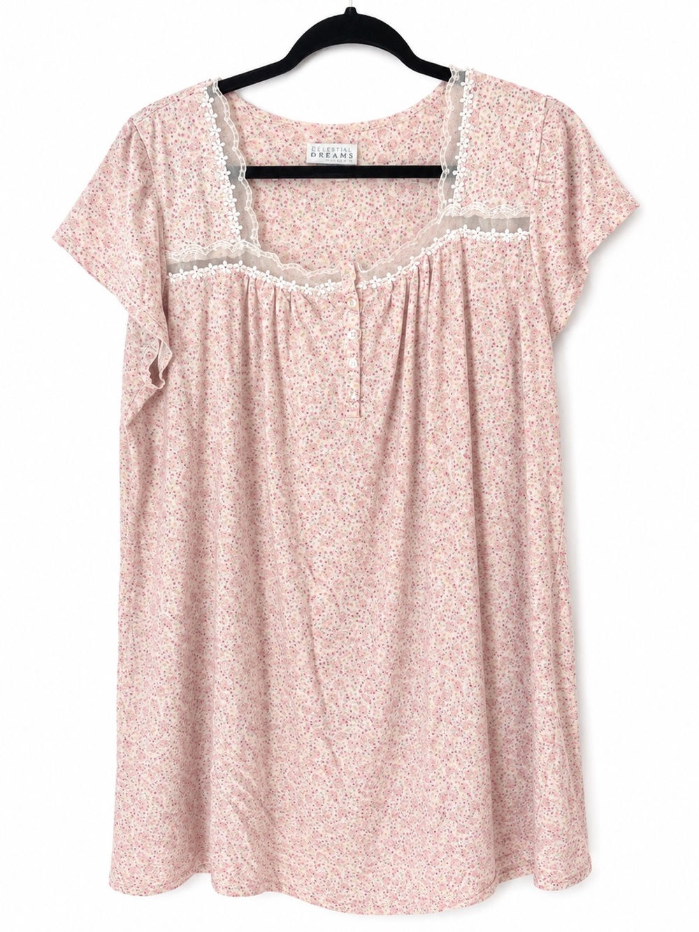 Celestial Dreams Pink Floral Lace Trim Nightgown Cottagecore Sleep Shirt XL